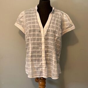 Express Design Studio Women's White Plaid Split Neck Short Sleeve Blouse Large